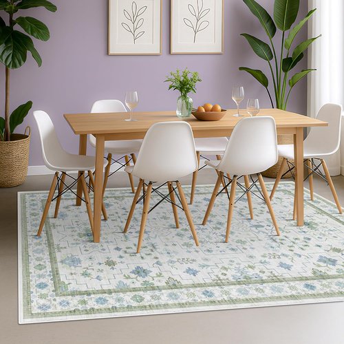 Hazo Haus Cream Oushak 6x9 Area Rug - Boho Floral Design in Cool Blue & Green | Washable, Non-Slip, Low Pile