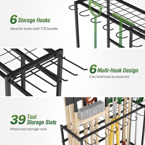 Garden Tool Organizer Rack - Heavy-Duty Steel Storage for Up to 39 Tools | Includes 12 Hooks & Wheels, Black