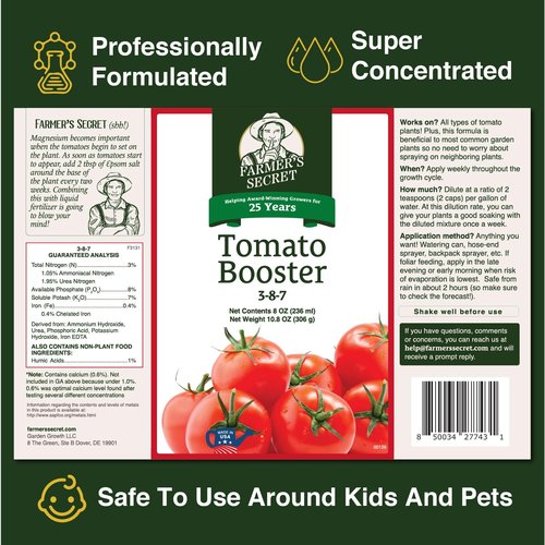 Farmer's Secret Tomato Booster Fertilizer - Super Concentrated 32oz | 3:8:7 Ratio with Humic Acid & Iron