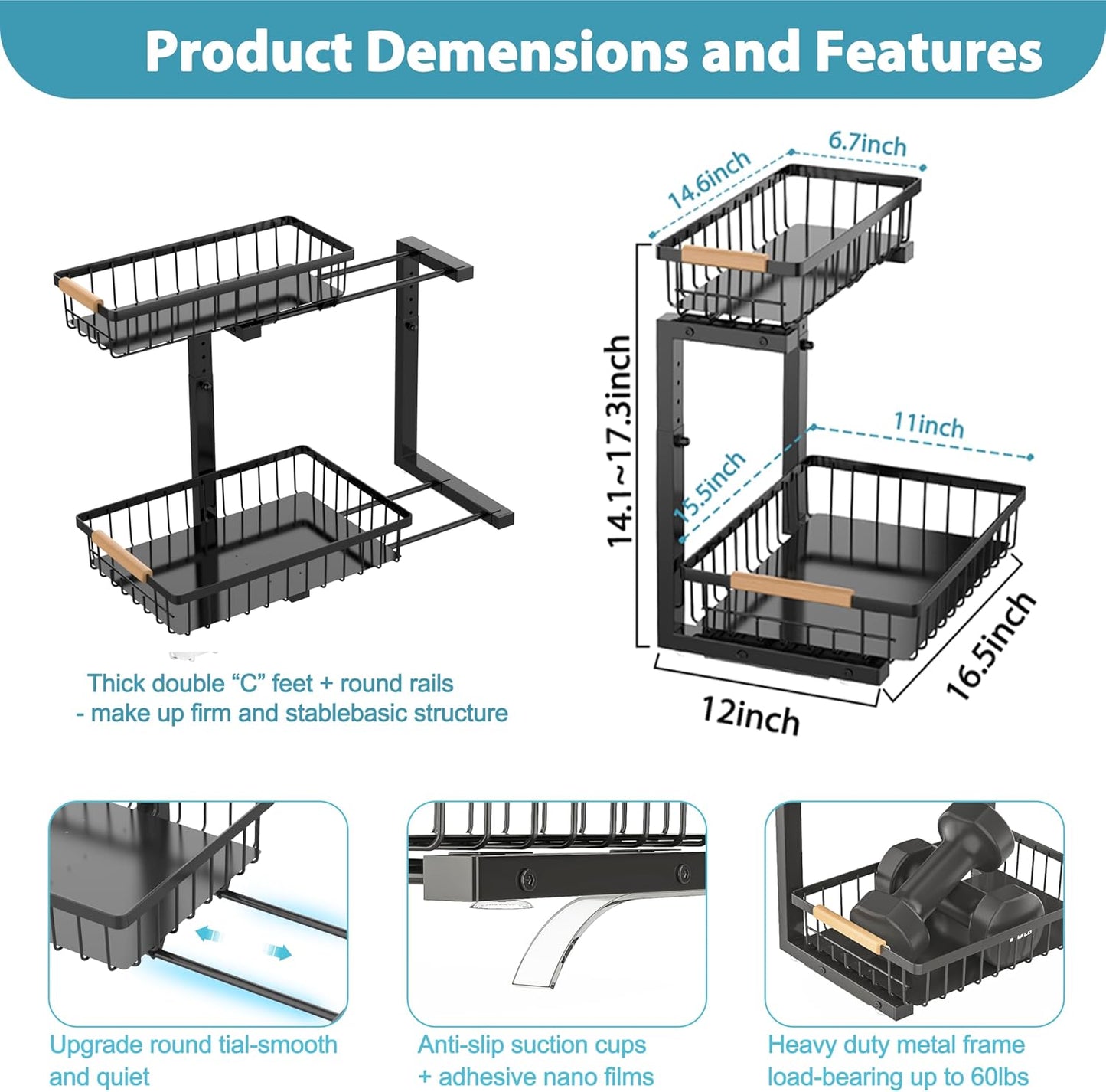 Liuoud Under Sink Organizer - 2 Pack Adjustable 2-Tier Storage for Kitchen & Bathroom Cabinets - Black