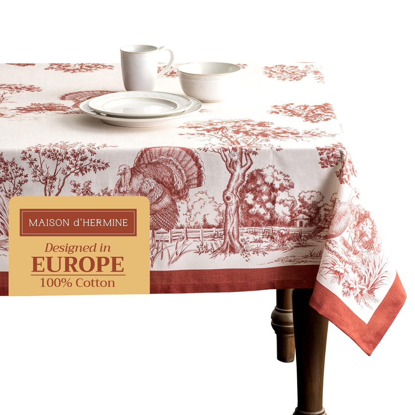 Maison d' Hermine Table Cloth Square Table 100% Cotton 60 x 60 Inches Fall Tablecloth Reusable Everyday Use for Thanksgiving Christmas Decorations Dining Farmhouse Party (Holy Jouy - Red)