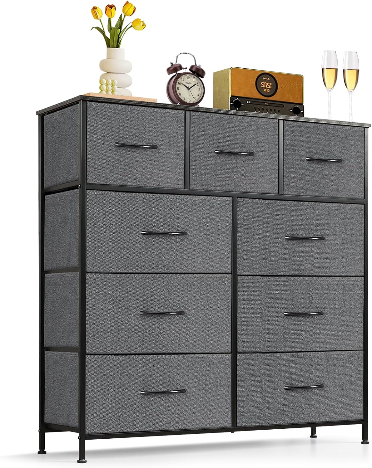 Regine Switzerland 9-Drawer Dresser - Anti-Tip Tall Storage Organizer with Wooden Top & Metal Frame | Gray