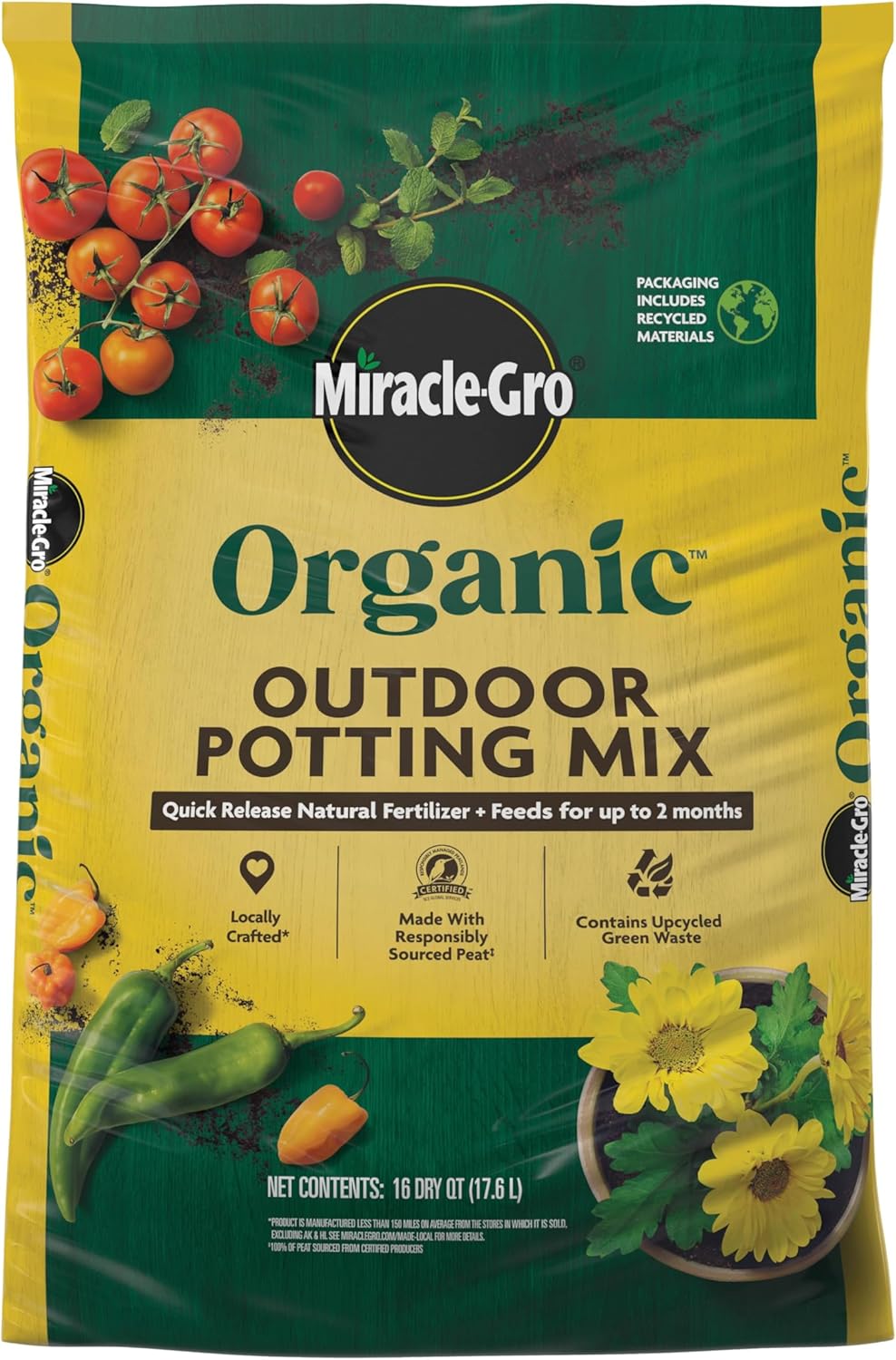 Miracle-Gro Organic Outdoor Potting Mix - Premium Soil for Container Plants | Quick-Release Fertilizer, 16 qt.