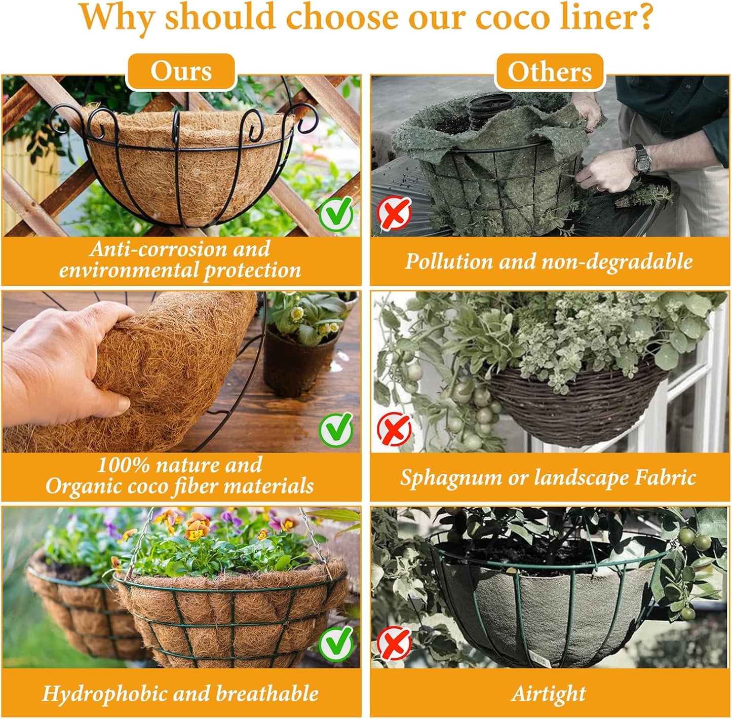 Legigo 8-Inch Coco Fiber Hanging Basket Liners - 4 Pack of 100% Natural Round Planter Inserts