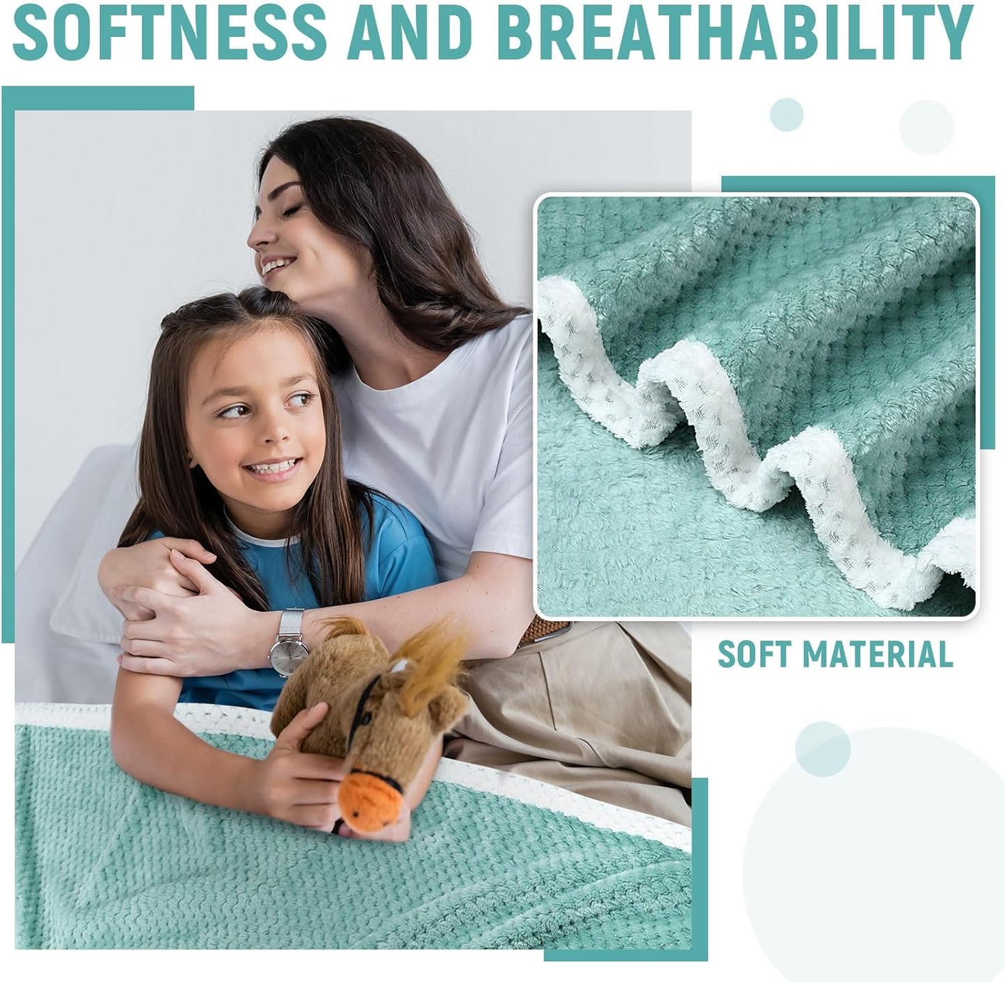 SmoothNovelty Hospital Bed Sheets Set - Soft Knitted Quality | Includes Fitted Coverlet, Quilt Cover, Pillow Case & Blanket (Blue Green)