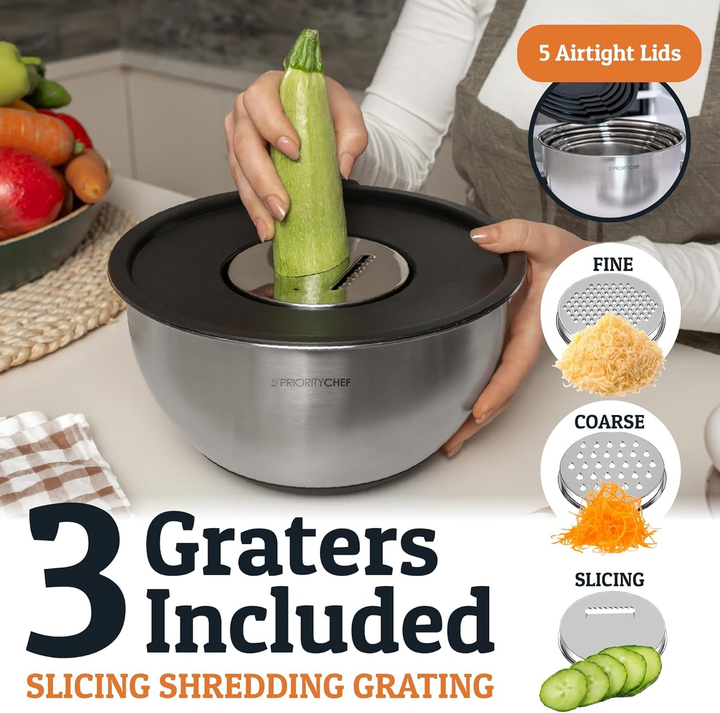 Priority Chef Stainless Steel Mixing Bowls Set - Airtight Lids & Non-Slip Base | 3 Grater Attachments, Black