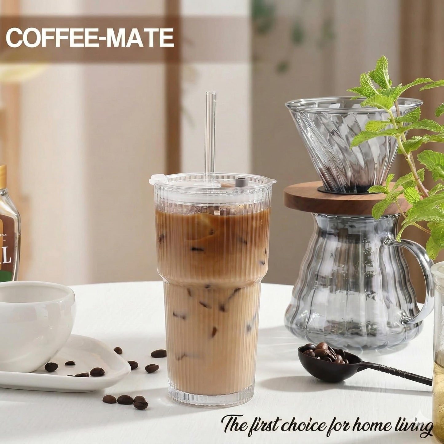 Haundry 20oz Ribbed Glass Cups with Lids and Straws, 4 Pack Iced Coffee Cups with Lids, Leak-Resistant Glass Tumblers, Reusable Coffee Cups for Coffee Bar, Matcha, Smoothies, Juice
