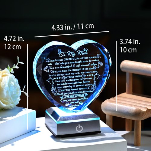 Gifts for Mom from Son, Daughter - To My Mom Crystal Heart Keepsake with Colorful Base - Unique Mother's Day, Birthday Gifts for Mom