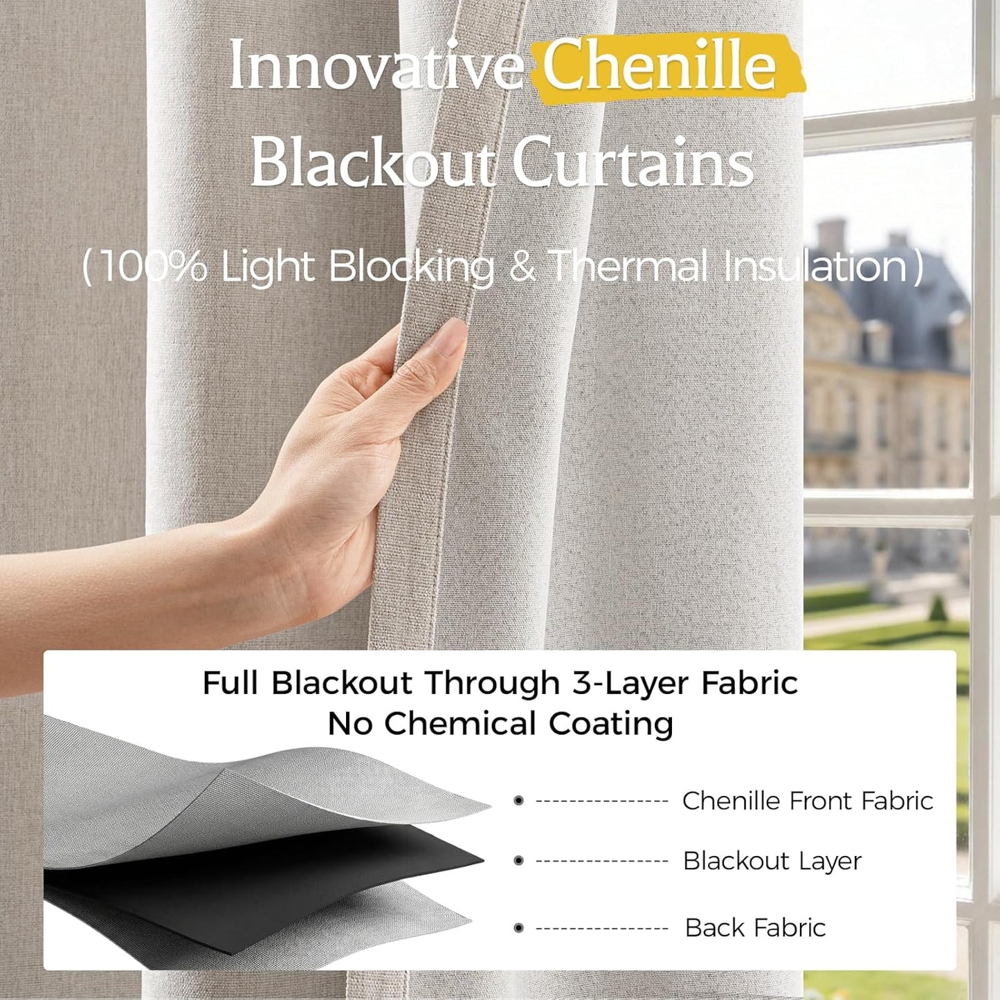Regine Switzerland 100% Blackout Curtains - Luxury Chenille Thermal Insulated Drapes | 84" Long, Beige, 2 Panels