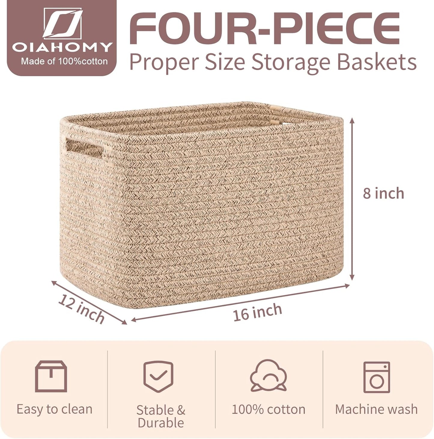 OIAHOMY Storage Baskets - 4 Pack Woven Cube Organizing Bins with Handles | 16''L x 12''W x 8''H, Brown