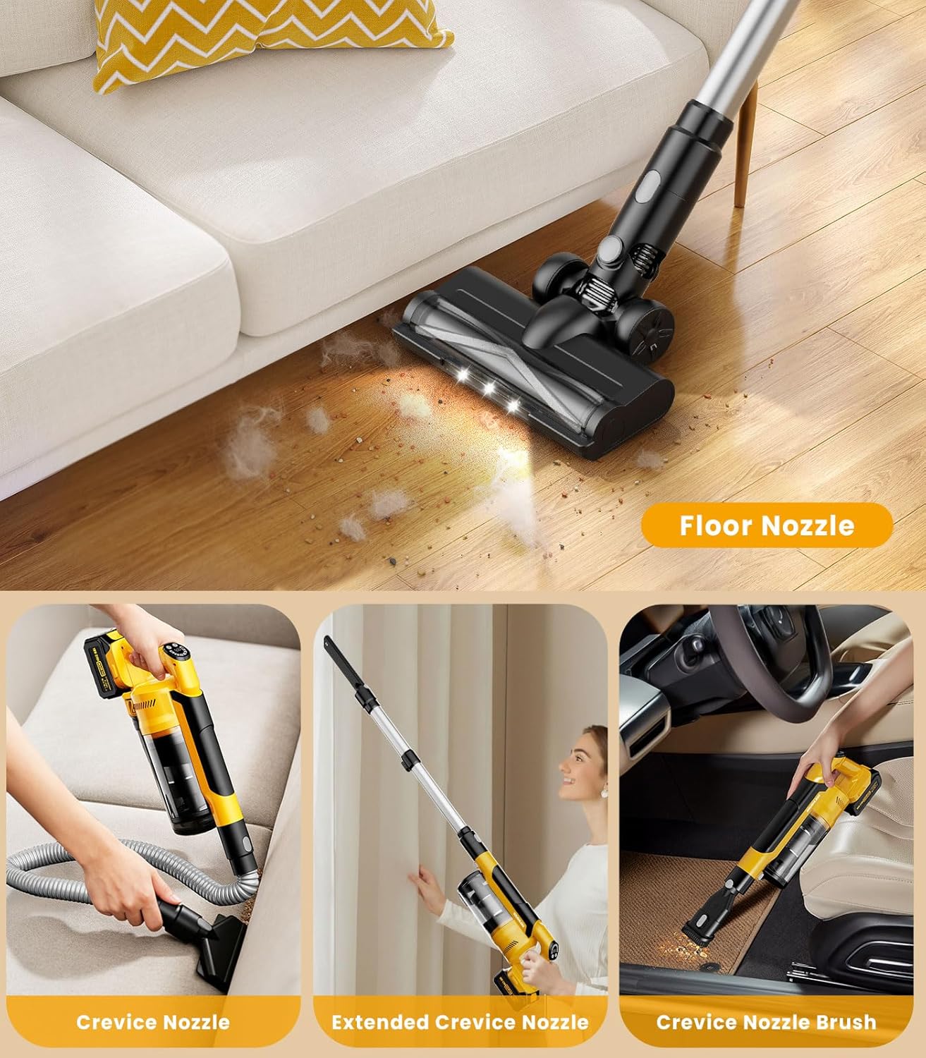 Qimedo Cordless Vacuum Cleaner - 8000mAh, 700W Powerful Suction, 7-in-1 with 90" Extension Tube & 2L Dust Cup for Home & Pet Hair