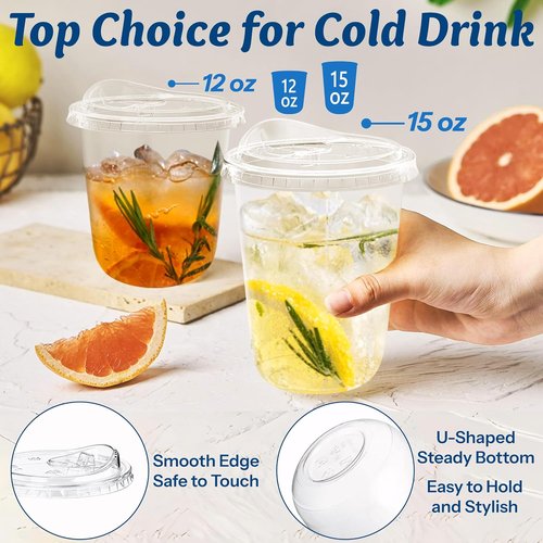 Homestockplus 15 oz Clear Plastic Cups - Leak-Proof, BPA-Free Strawless Sip Lids | 100 Pack for Iced Coffee, Smoothies & Parties