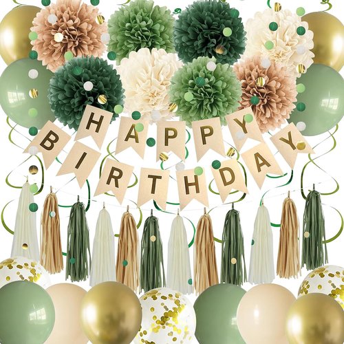Green Birthday Party Decorations for Women Girls with Happy Birthday Banner,Tissue Paper Pompoms, Paper Tassel,Circle Garland,Hanging Swirl,Decorations Balloons for Party Decor (sage green)