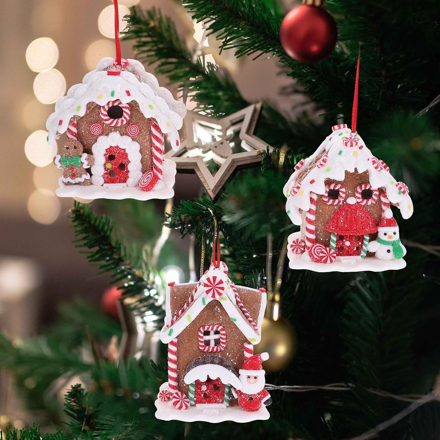 Toyvian Gingerbread House Ornaments - LED Christmas Village Decor with Santa & Snowman Figures | 3 Pcs