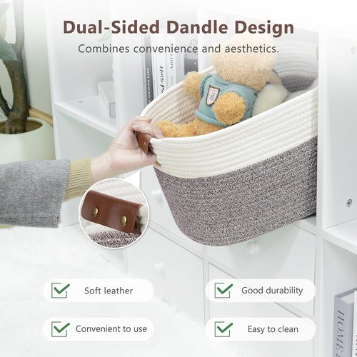 ECDYQXVU Cotton Rope Basket - Woven Storage Baskets with Handles for Shelves | 15x10x9 Inch, White & Brown (2 Pack)