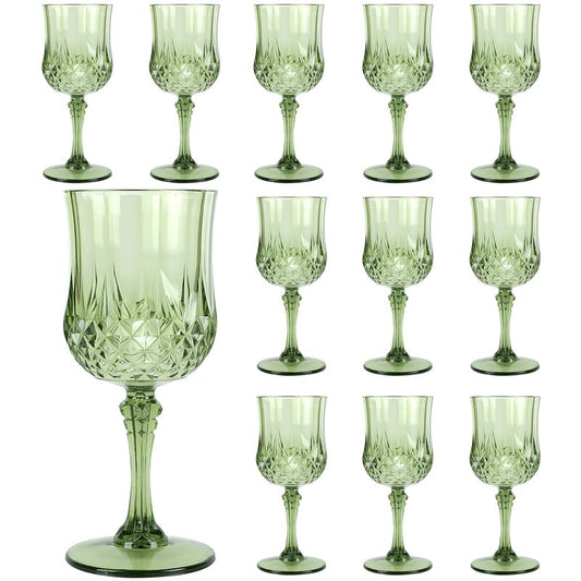 LEYIQU Plastic Wine Glasses, Plastic Goblets Vintage Style Cordial Unbreakable Drinking Glasses, Reusable Drinkware for Wedding Reception, Grand Event Party Supplies (12, New Green)