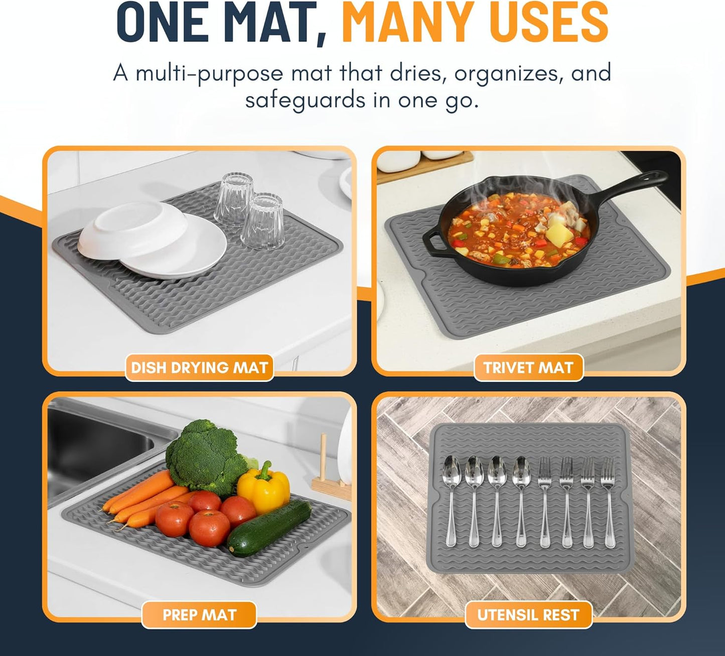 Linda’s Essentials Silicone Dish Drying Mat - Non-Slip & Heat-Resistant 16 x 12 Inch Kitchen Pad (Gray)