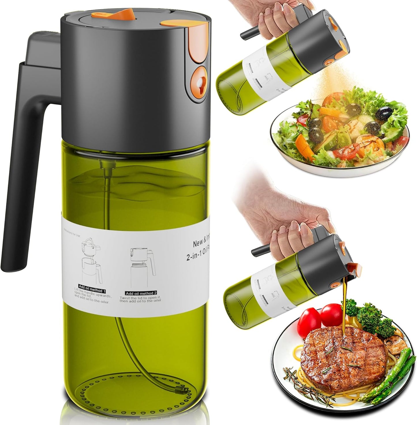 LAKUMIQI 17oz Oil Sprayer - 2 in 1 Light-Blocking Glass Spray Bottle for Cooking & BBQ