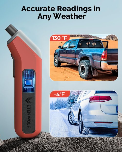 ETENWOLF T300 Plus Tire Pressure Gauge - 200 PSI Digital Gauge with LED Display & Presta Valve Adaptor | Vivid Orange