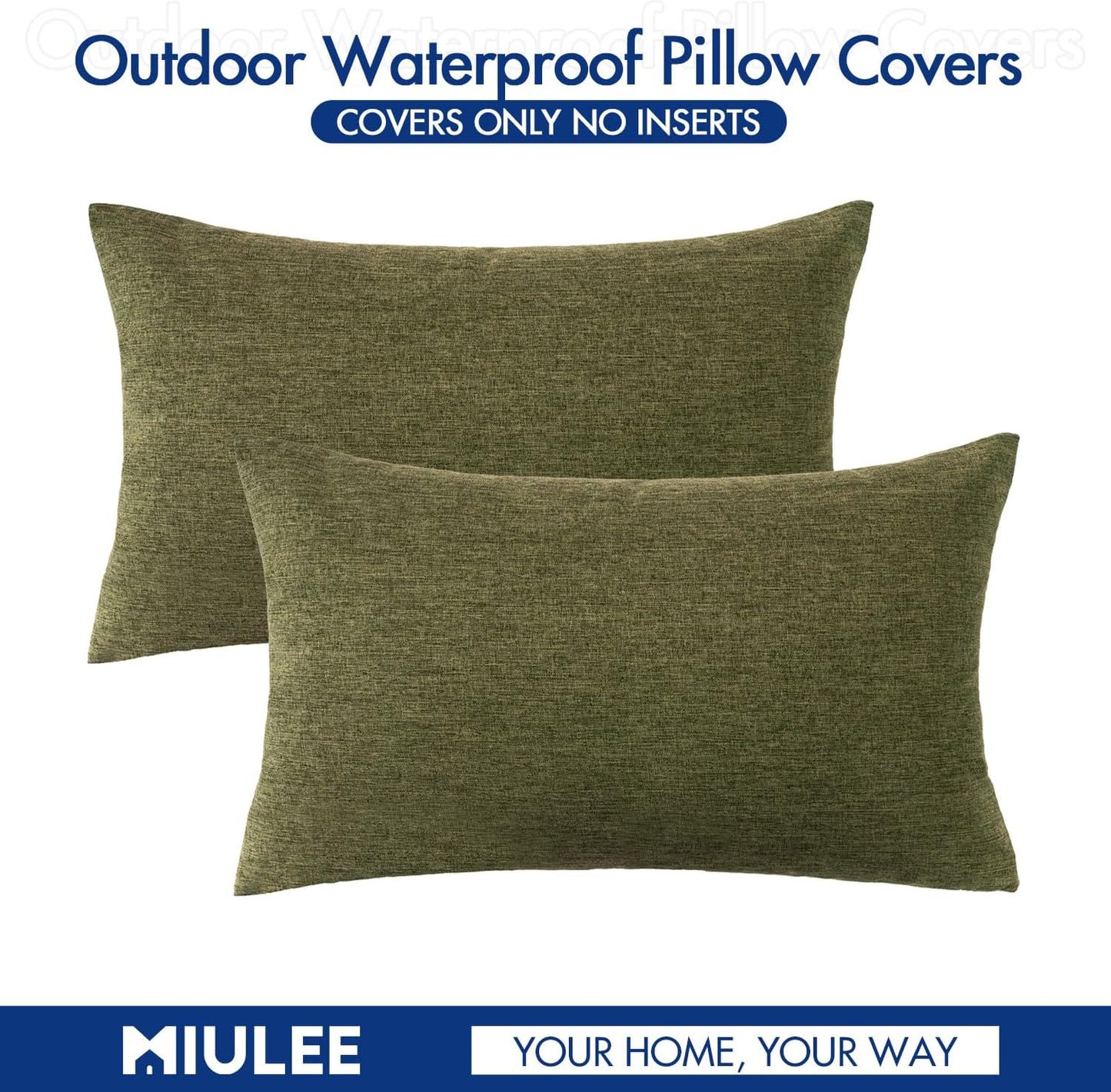 MIULEE Decorative Outdoor Throw Pillow Covers - Waterproof Faux Linen Cushion Cases | Olive Green, 20x12 Inch, Set of 2