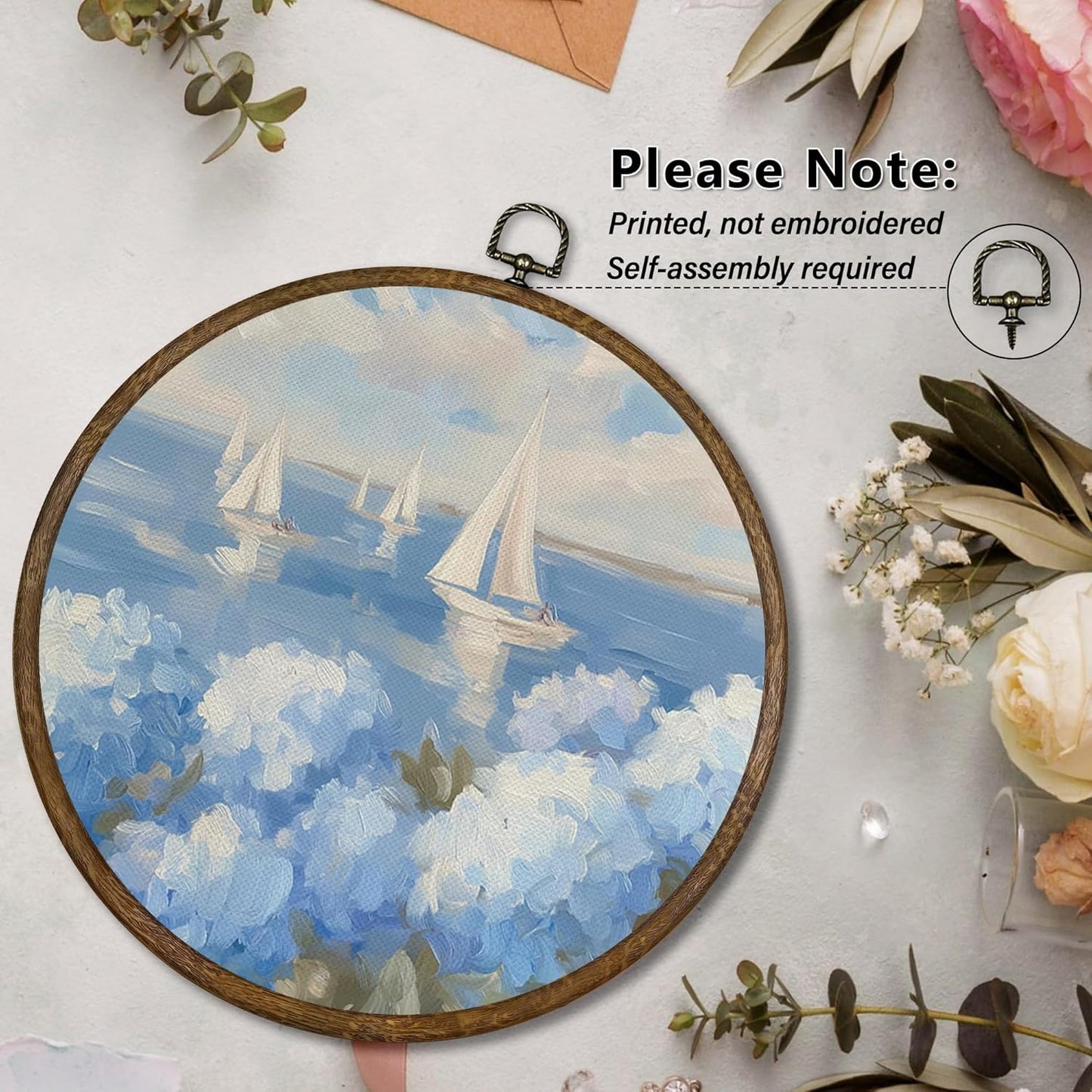 Qskjre Coastal Hydrangea Sailboat Wall Art - Nautical Blue Floral Canvas Decor | 10x10 Inch Round Framed Print