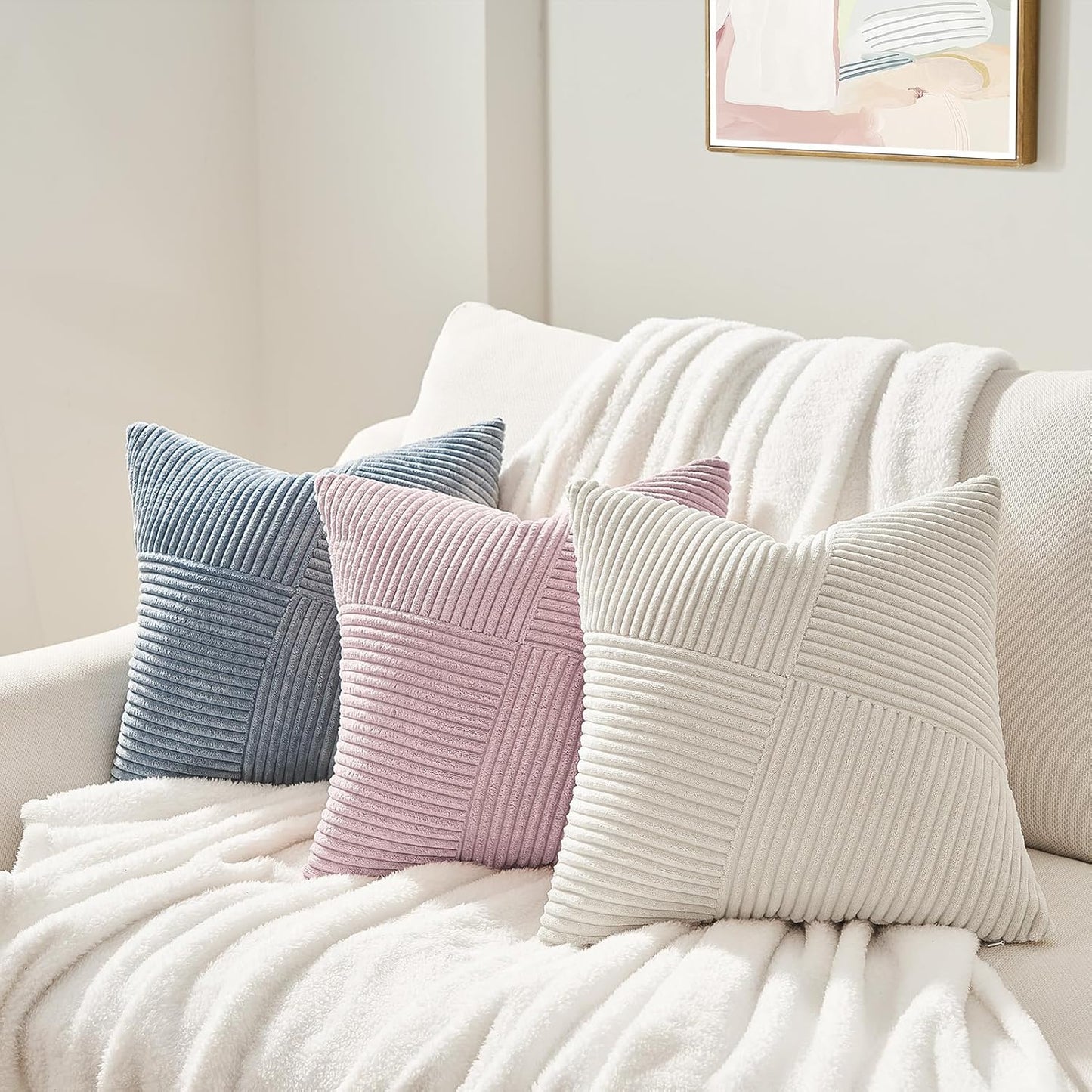 Topfinel Decorative Pillow Covers - Soft Corduroy Striped Patchwork | Set of 2, 12x12 Inch, Cream White