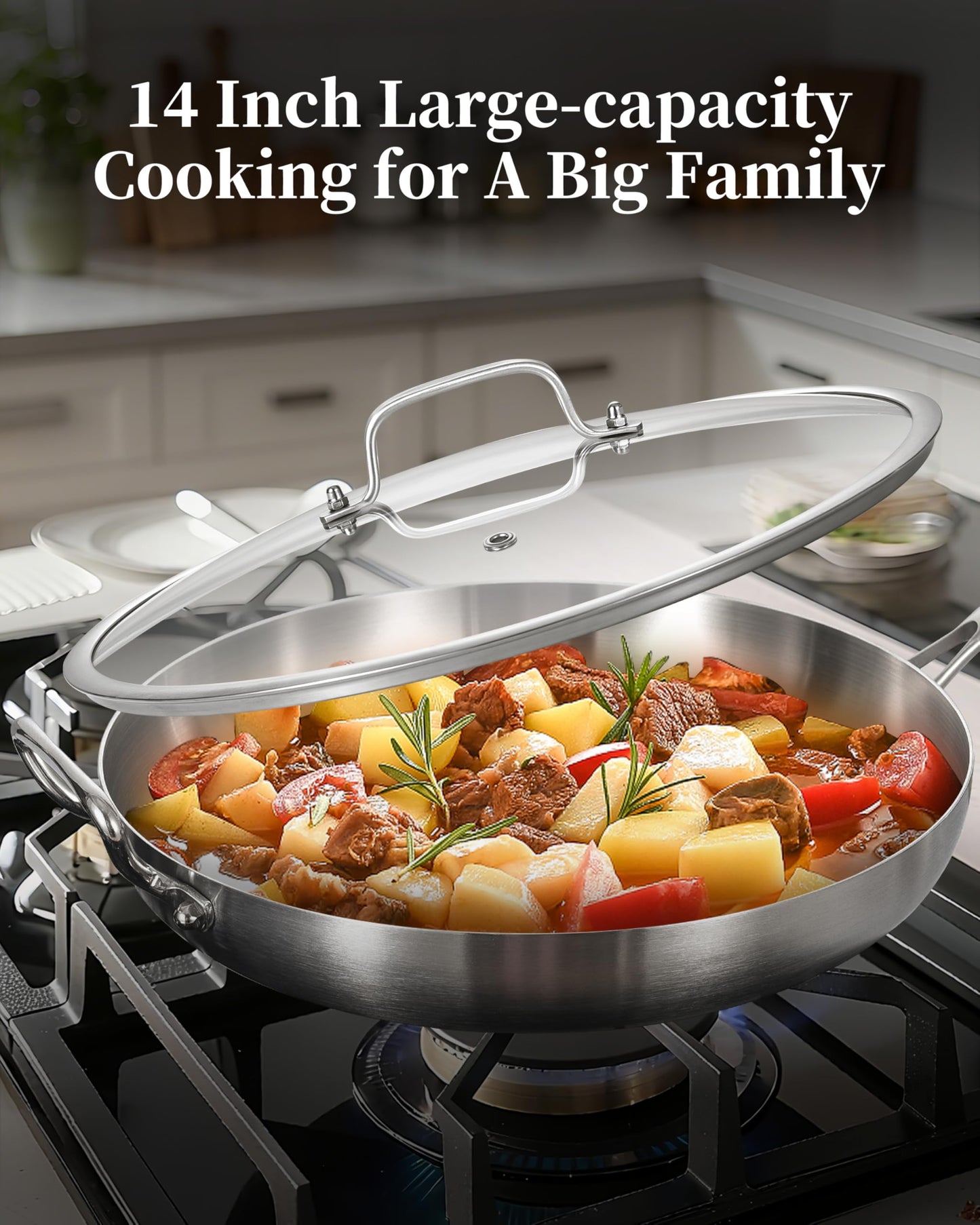 Bzayeat 14-Inch Tri-Ply Stainless Steel Frying Pan with Lid & Detachable Handle - Induction Compatible Skillet, Oven & Dishwasher Safe, Ideal for Frying, Sautéing & Simmering