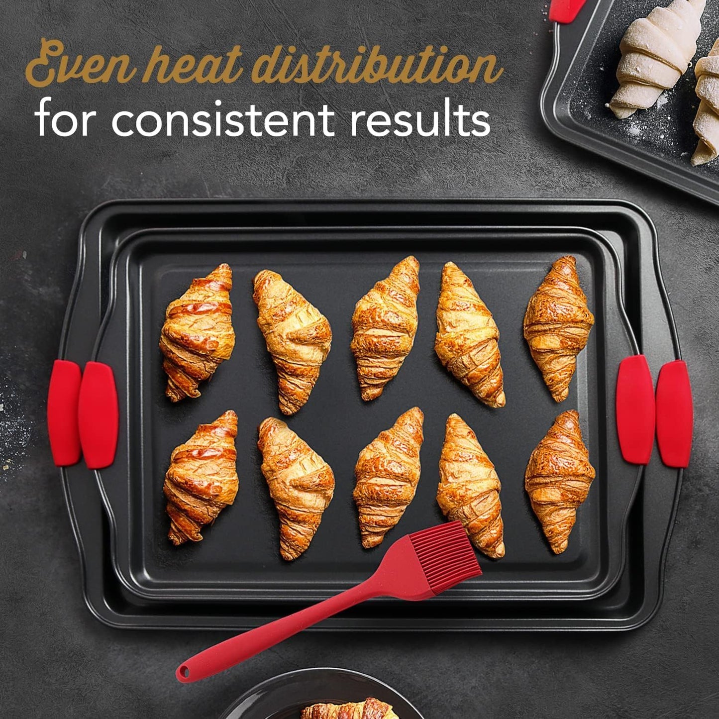 Skiennix Baking Sheet Set - 2-Piece Nonstick Cookie Sheets with Silicone Handles | Durable Black Steel Pans