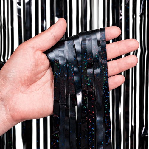 GREATRIL Black Tinsel Curtain Backdrop - Foil Fringe Streamers for Birthday & Halloween Decor - 1m x 2.5m | Pack of 2