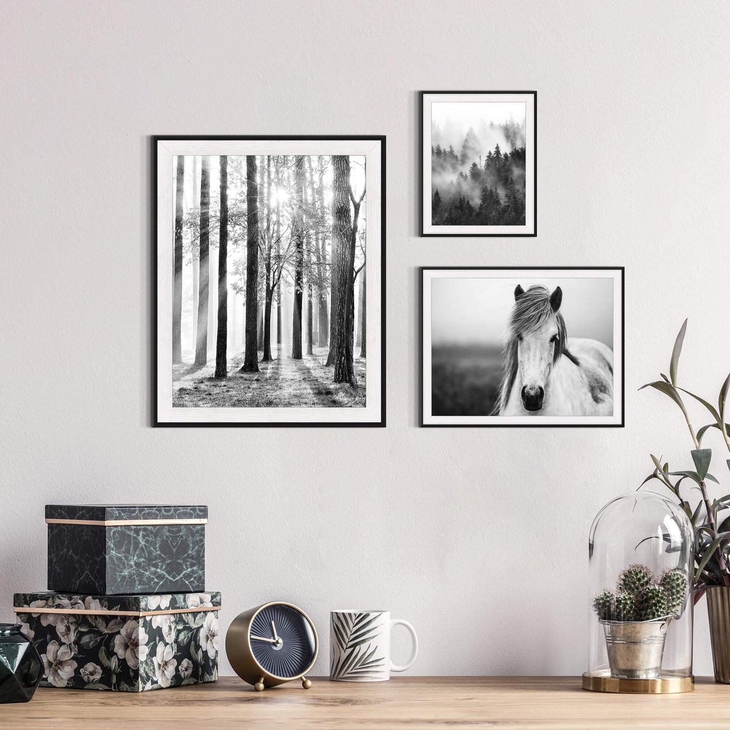 Forest Sunrise Pictures Framed Prints - Peaceful Landscape Scene and Elegant White Horse Wall Art Sets for Living Room, Bedroom, Office, Bathroom 3 Panels