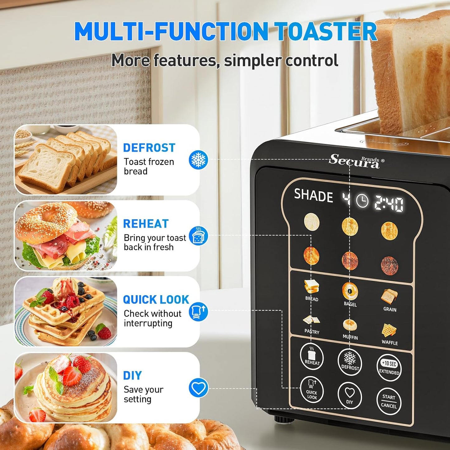 Secura Brands 2-Slice Smart Toaster - Touch Screen Control, Digital Timer & Custom Memory Settings