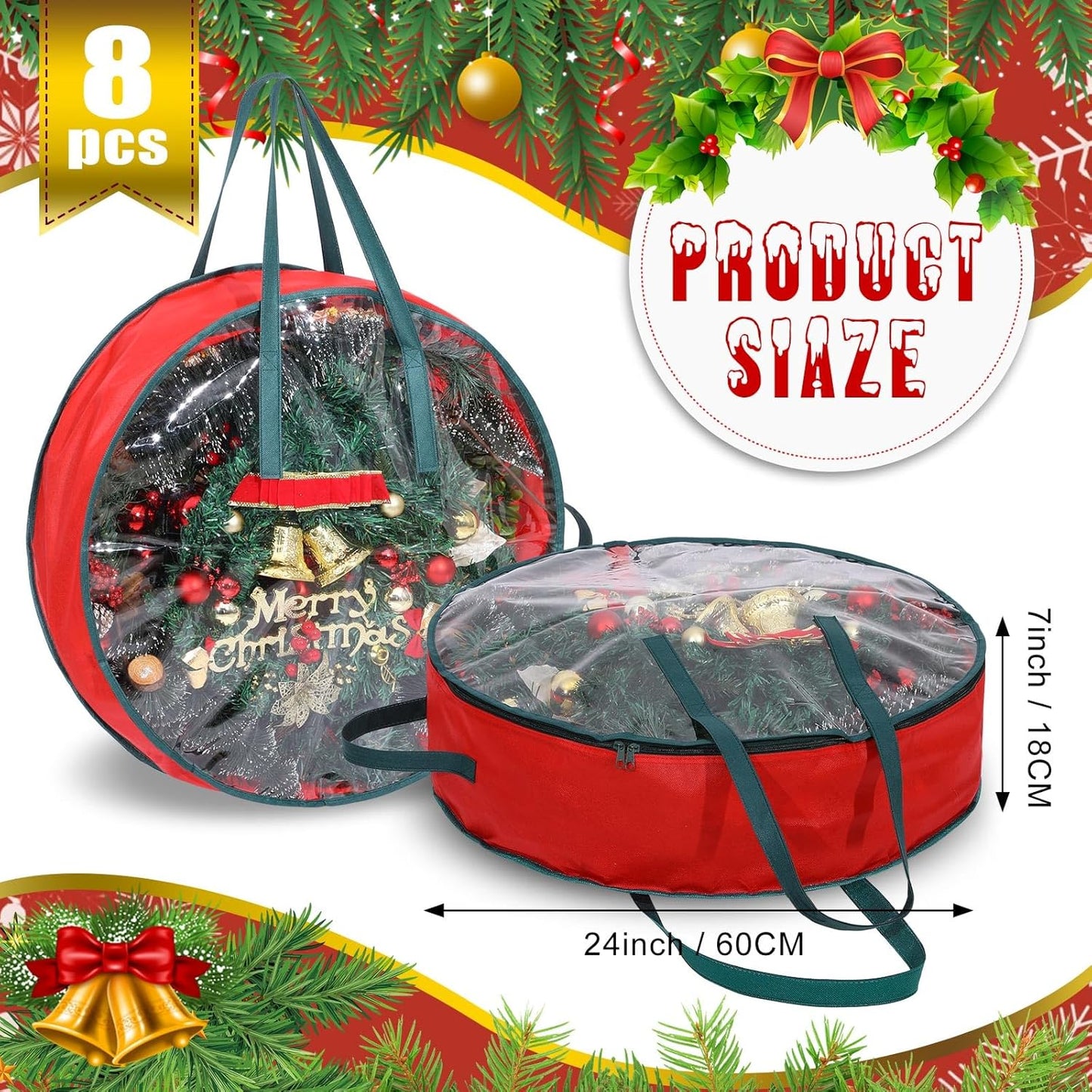 Shappy Wreath Storage Bag - 8 Pcs Red Clear Window Containers with Handles for Holiday Decor
