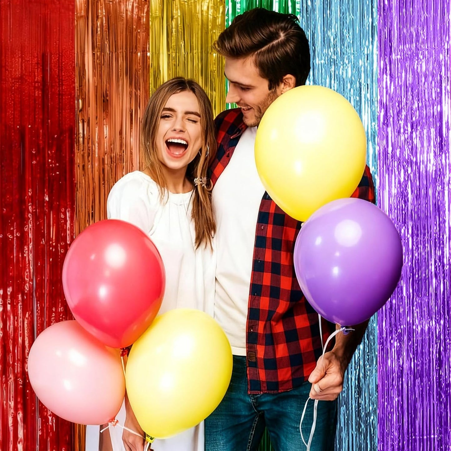 Skiennix Rainbow Backdrop - Colorful Tinsel Curtain Party Streamer for Birthdays & Events | 2 Pack