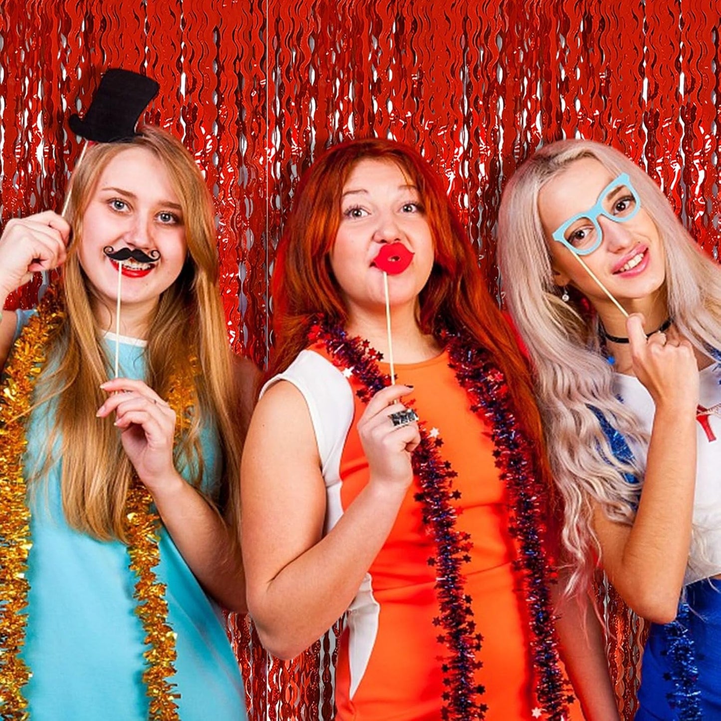 Red Tinsel Foil Fringe Curtains - Sparkling Wavy Backdrop for Parties & Events | Perfect for Photo Booths