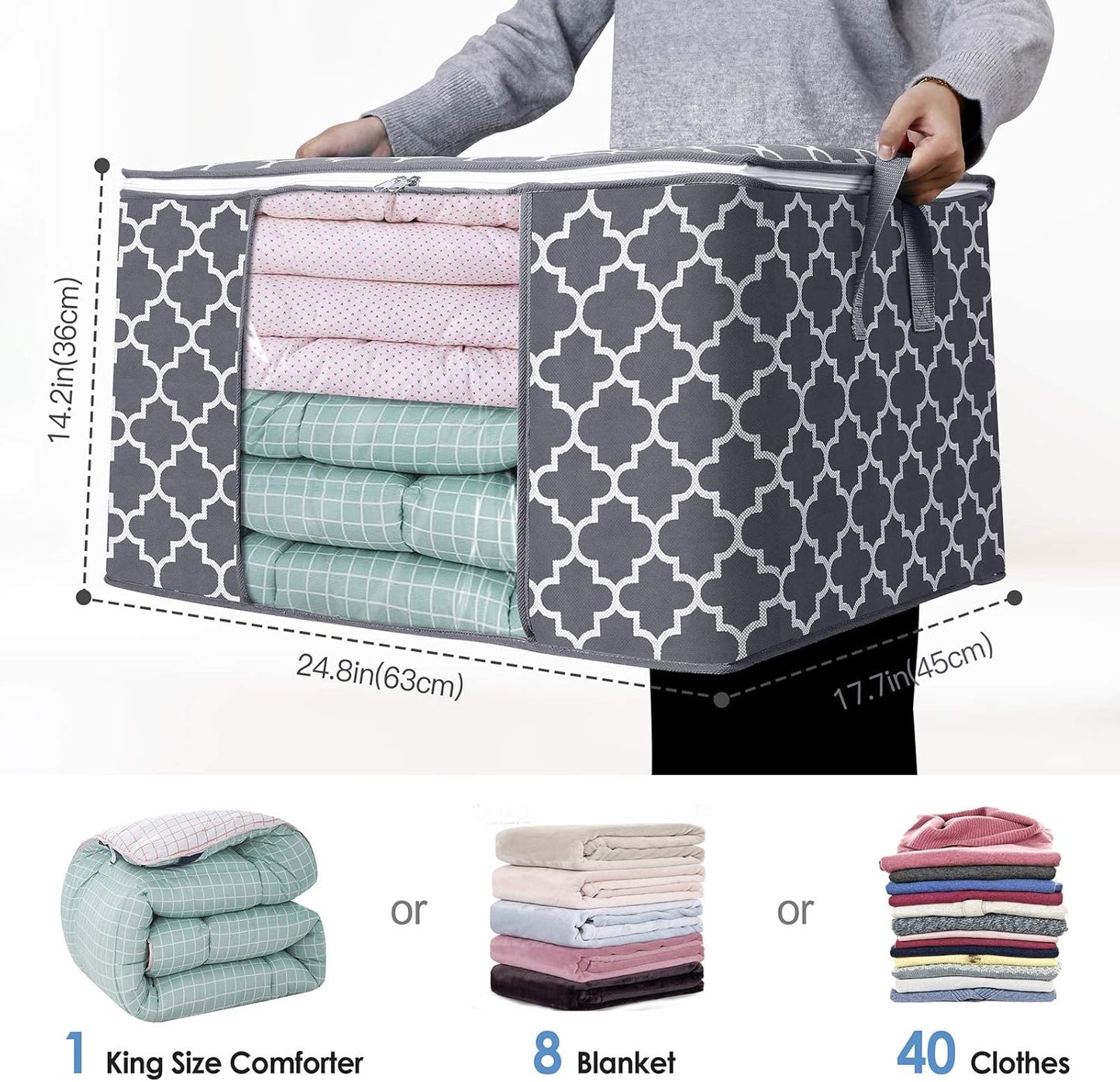 WISELIFE Storage Bags - Large Blanket and Clothes Organizer with Clear Window | Grey, 3 x 100L, Foldable Design