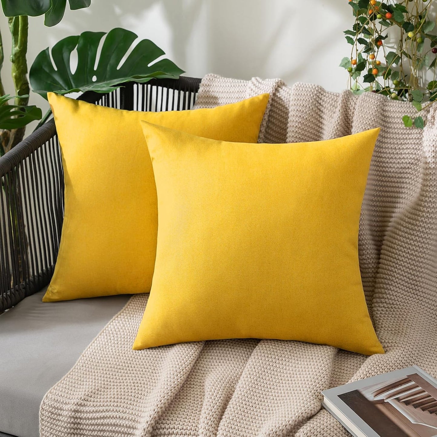 MIULEE Decorative Outdoor Throw Pillow Covers - Waterproof Faux Linen Cushion Cases | 18x18 Inch Mustard Yellow (Pack of 2)