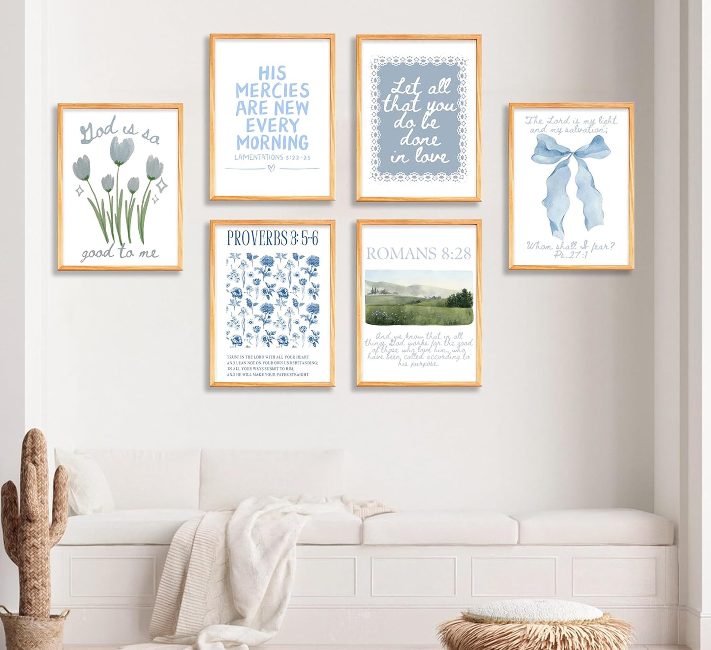 Skiennix Blue Christian Canvas Wall Art - Set of 6 Inspirational Bible Verse Prints for Girls' Room Decor