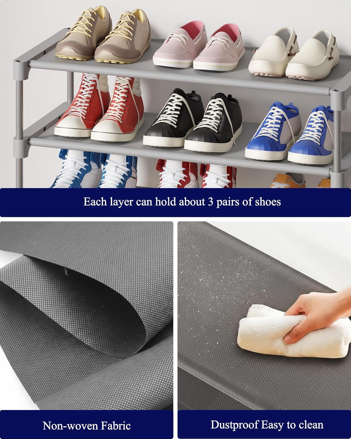 Kitsure Shoe Rack - Stackable Non-Woven Shoe Organizer for Closet & Entryway | 3-Tier, Grey, 27.5" Wide