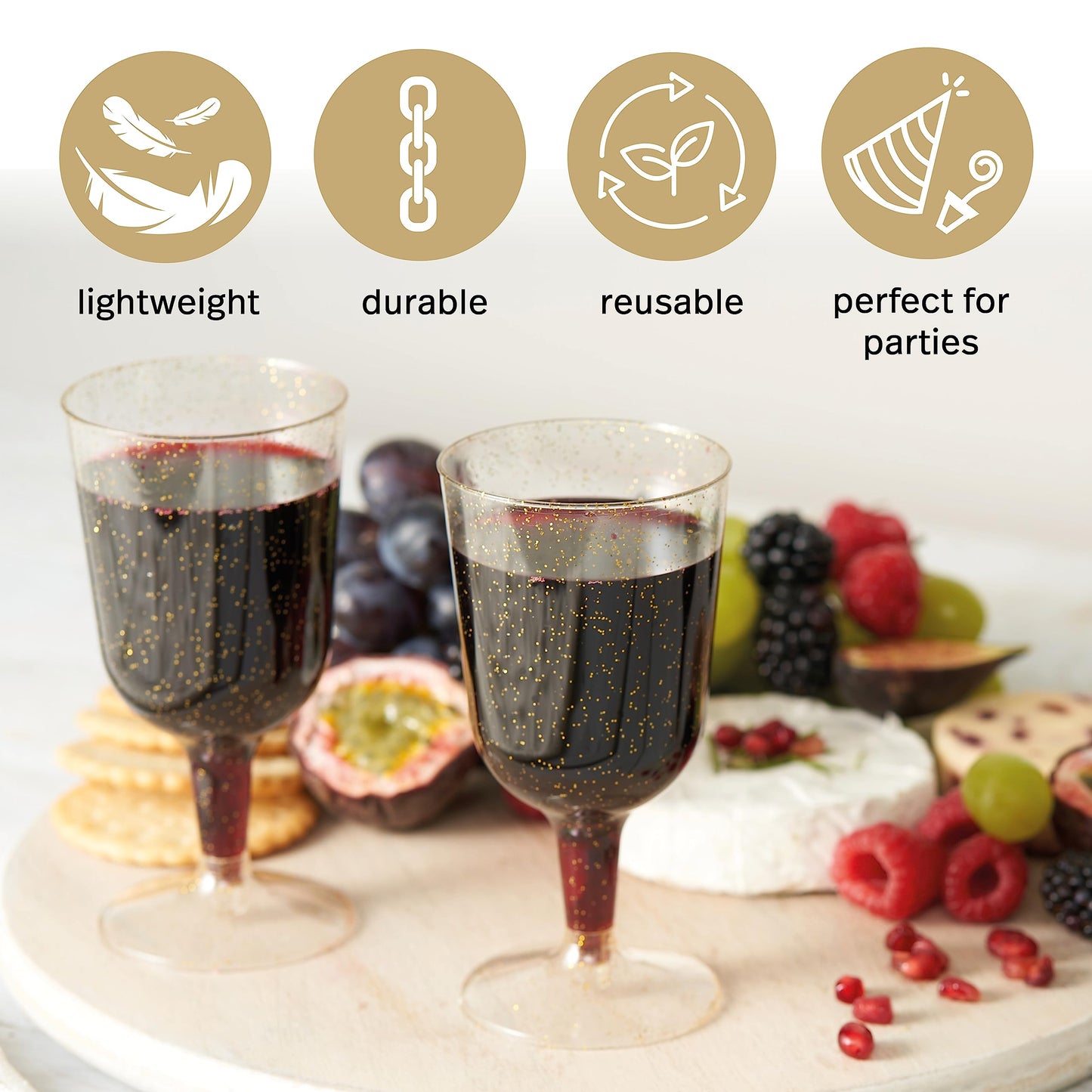 MATANA 50 Gold Glitter Plastic Wine Glasses for Weddings, Birthdays, Bridal Shower & Parties, 6oz - Sturdy & Reusable