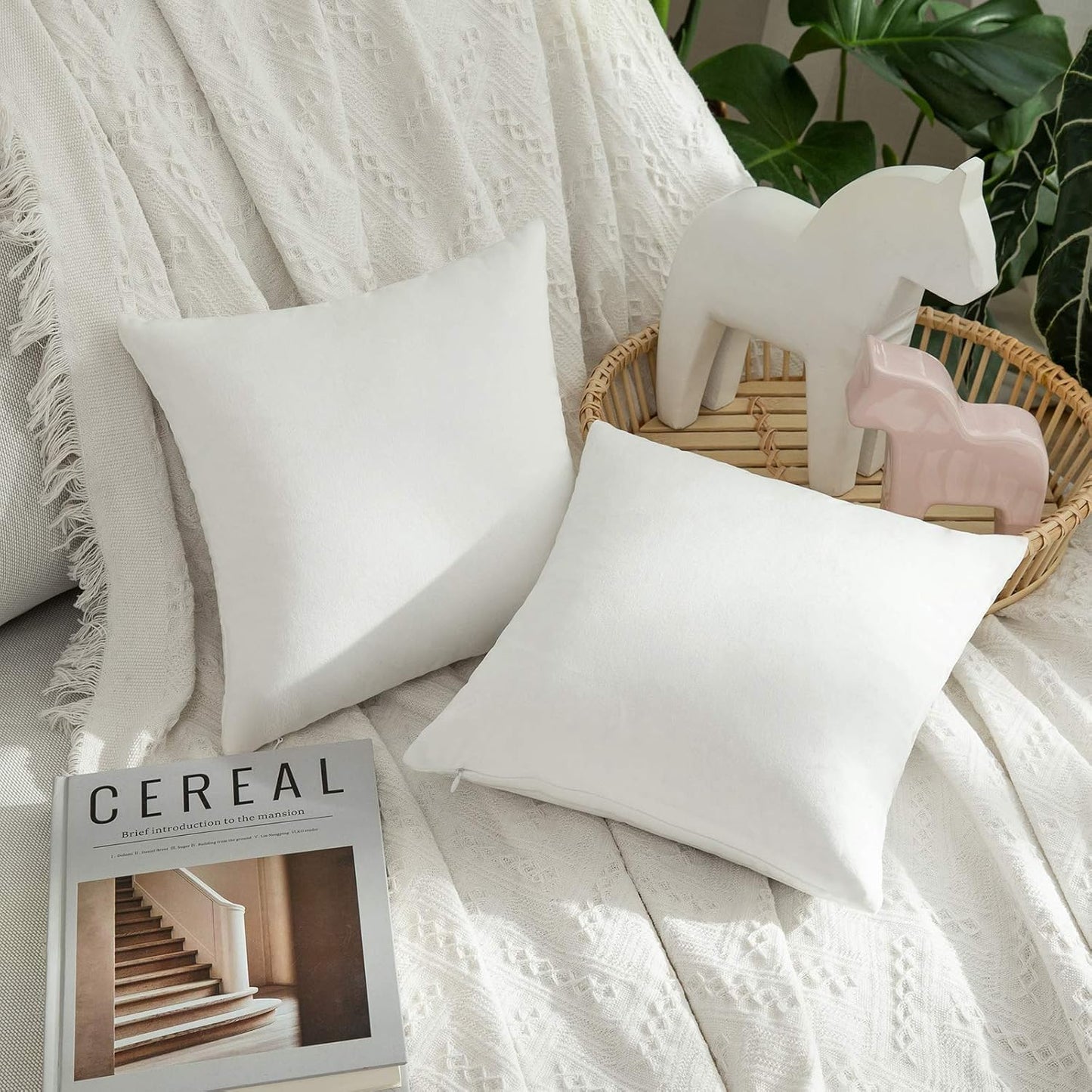 MIULEE Velvet Pillow Covers - Soft Decorative Square Cushion Cases for Couch & Sofa | 12x12 Inch Pure White (Pack of 2)