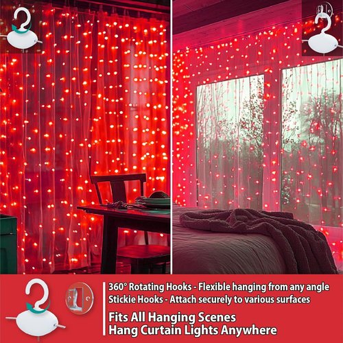 HXWEIYE 300LED Fairy Curtain Lights - 9.8x9.8Ft USB Plug-In with Remote | 8 Modes for Indoor Decor, Red