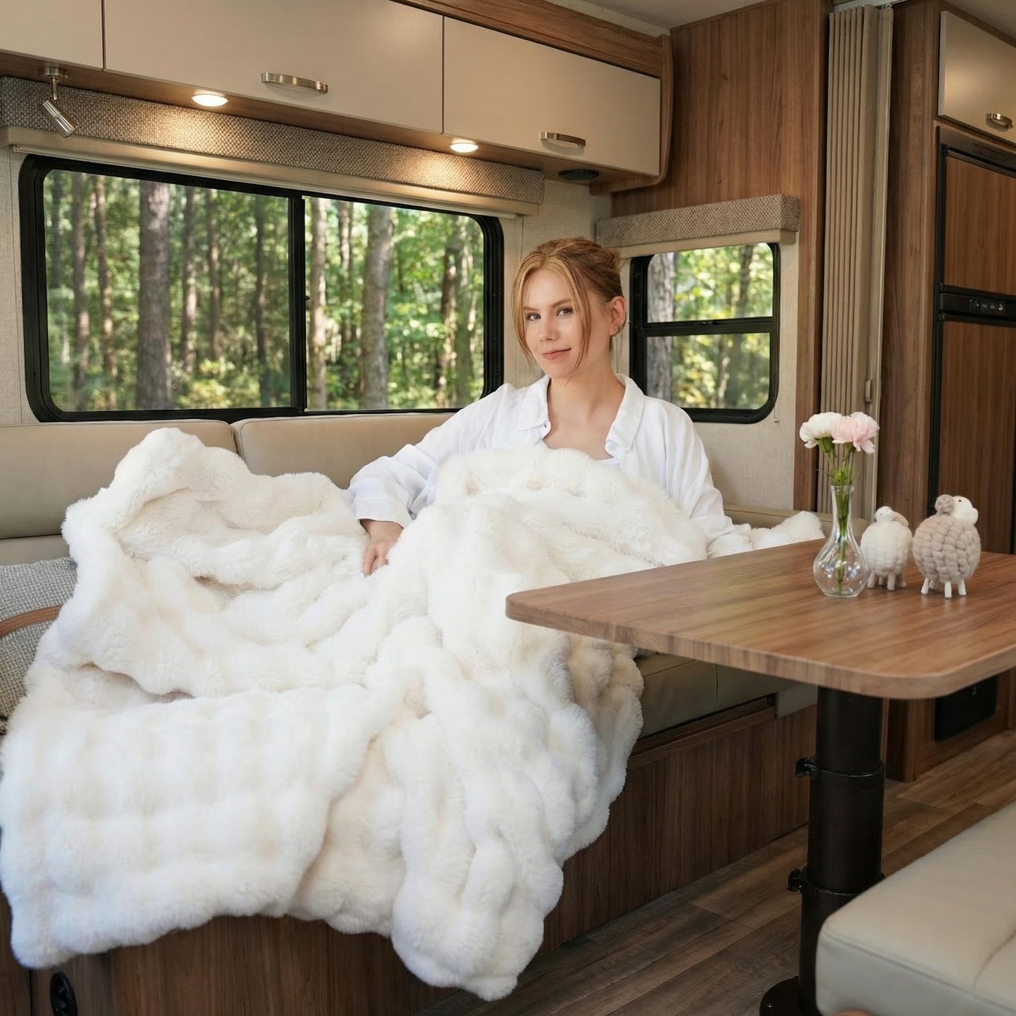 SpottedCozy Bubble Cuddle Twin Blanket for Couch Bed, Faux Fur Ultra Soft Plush Cozy Blanket for Home Bed Office Airplane RV, Machine Washable Easy Care for Women Girls, 60" x 80" Cream White