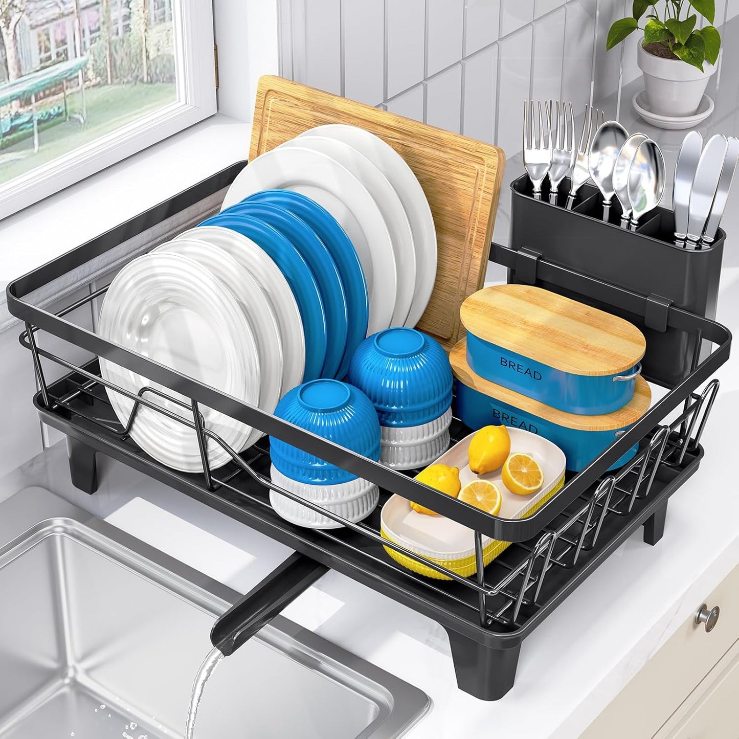 Urackify Dish Drying Rack - Large Kitchen Counter Rack with Drainboard & Cutlery Holder | Black