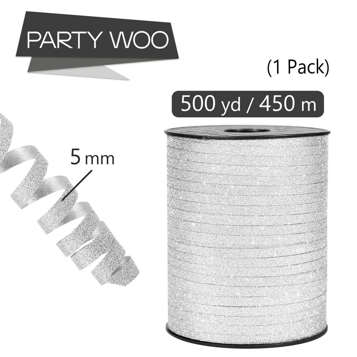 PartyWoo Silver Ribbon - 500 Yard Curling Ribbon for Crafts, Balloons, Gift Wrapping, Florist Flowers (1 Roll)