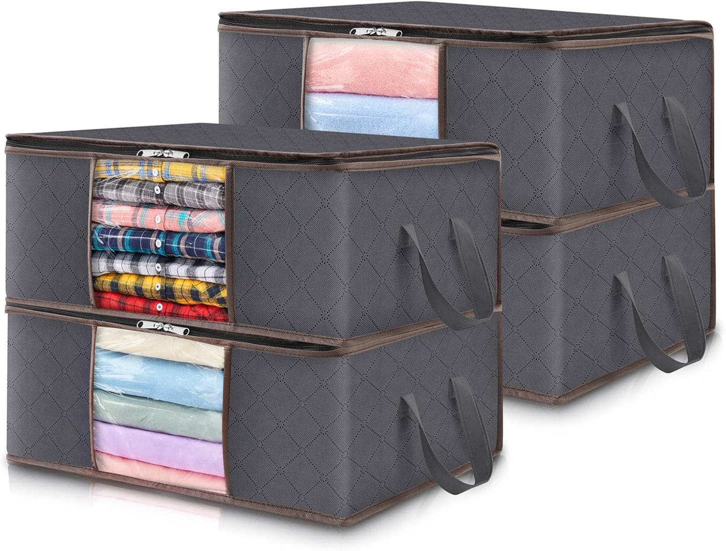 Lifewit 4-Pack Clothes Storage Bags - Foldable Organizer with Reinforced Handles & Clear Window | Gray