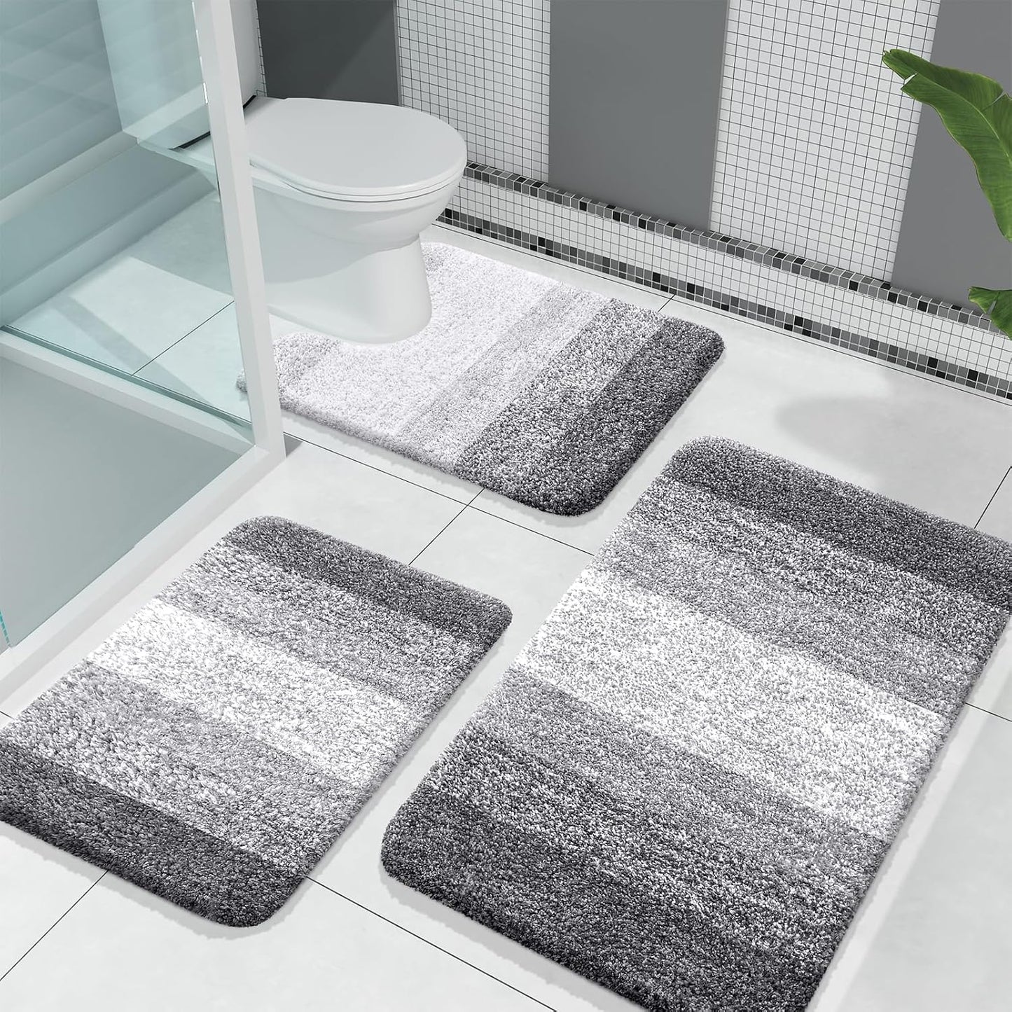 OLANLY 3-Piece Bathroom Rug Set - Soft Absorbent Microfiber Mats & U-Shaped Toilet Rug | Grey, Plush & Machine Washable (30"x20"+24"x16"+24"x20")