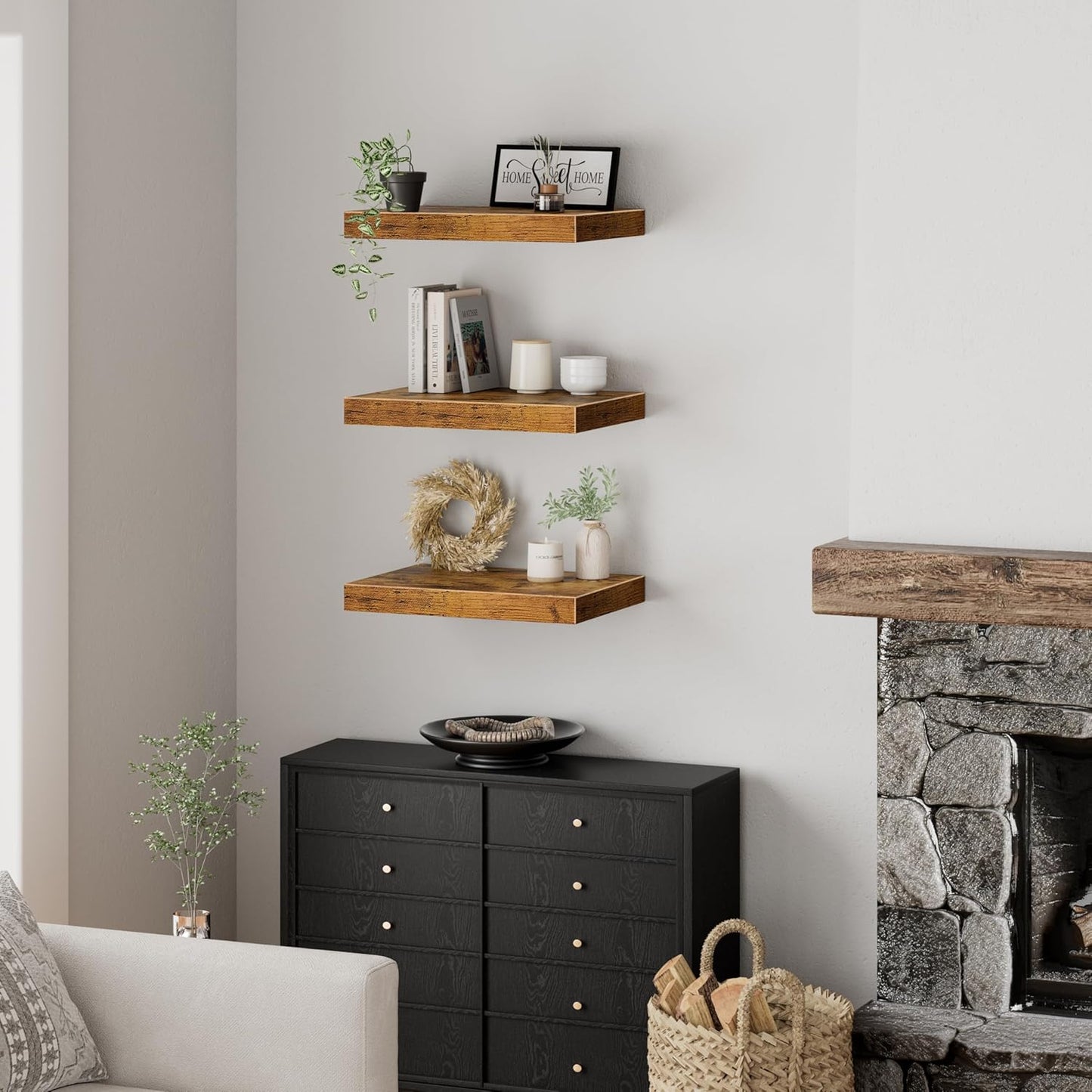 QEEIG 10" Deep Floating Shelves - Rustic Brown Set of 3 for Bathroom, Bedroom & Living Room