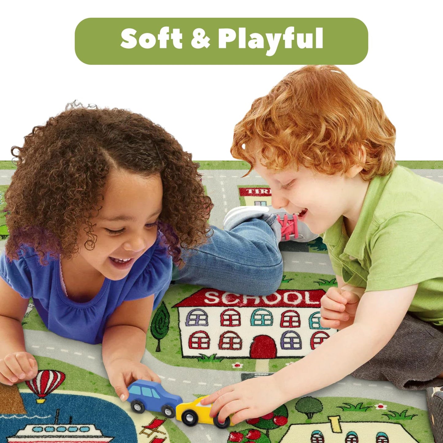 LIVEBOX Green Washable Playroom Rug, 4'x6' Non-Slip Soft Car Rug for Boys Room, Baby Nursery, Kids Floor Mats for Boys Girls Dorm Toy Room Tent