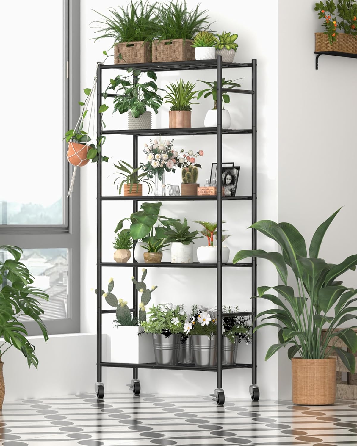 Sakugi Storage Shelves Organizer - Heavy-Duty 5-Tier Metal Shelf with Wheels | Adjustable for Kitchen, Pantry, Closet - 33.1"x12.6"x73.5", Black