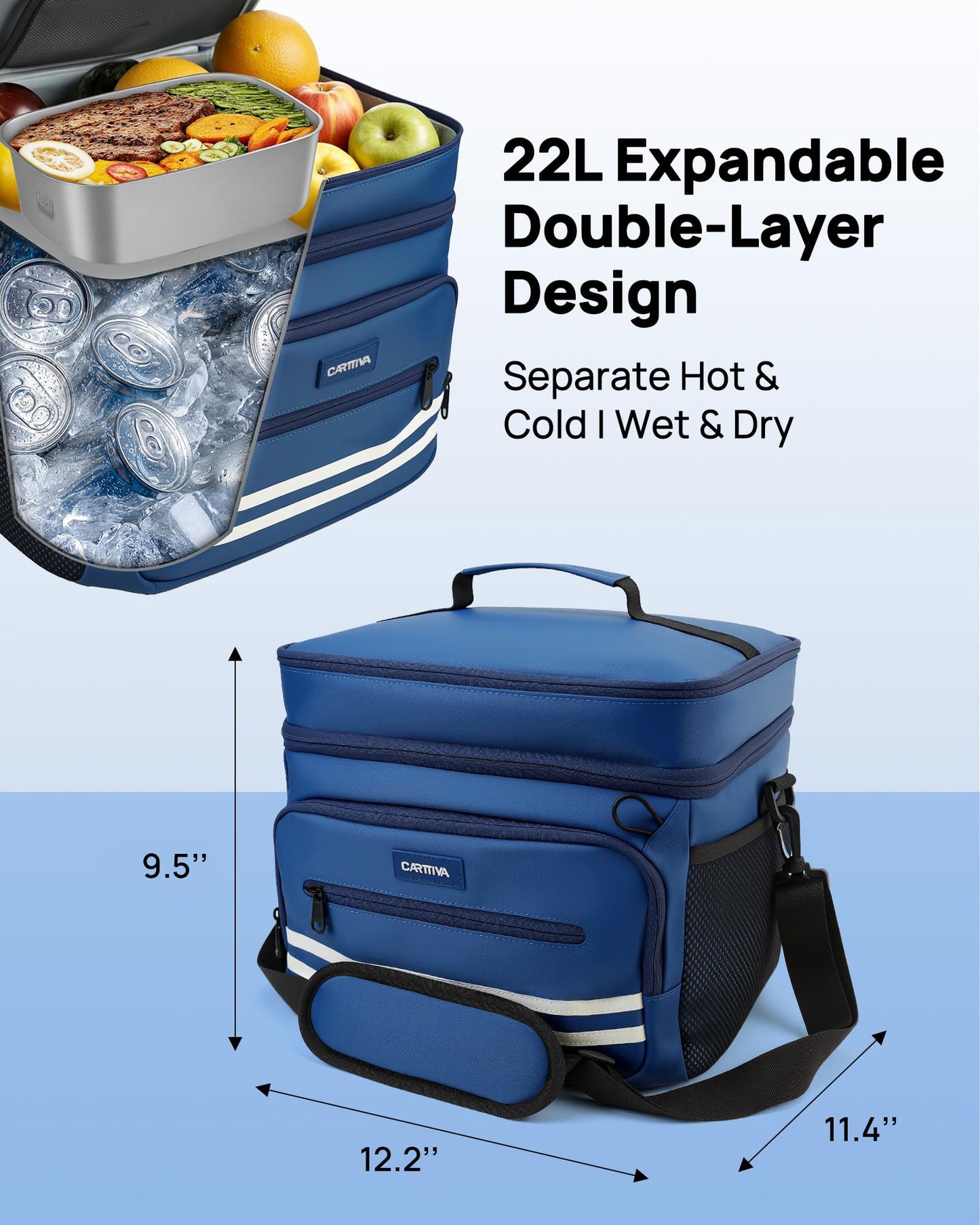 Carttiya Large Lunch Box Men & Women - Big Lunch Box, lunch cooler for men work 26L, Adjustable Strap (Blue)